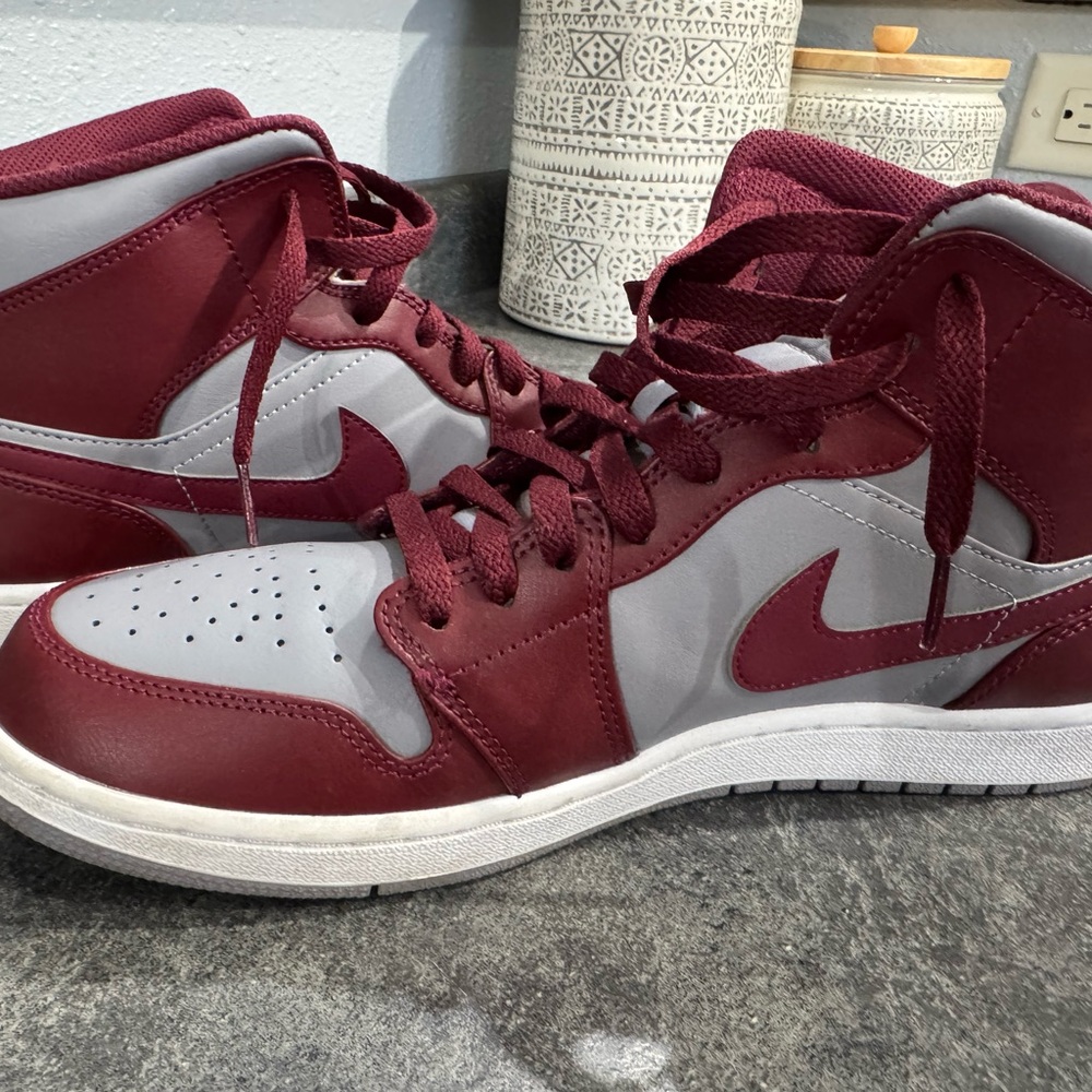 Jordan 1 Mid in Cherrywood Red and Gray High-Top Sneakers